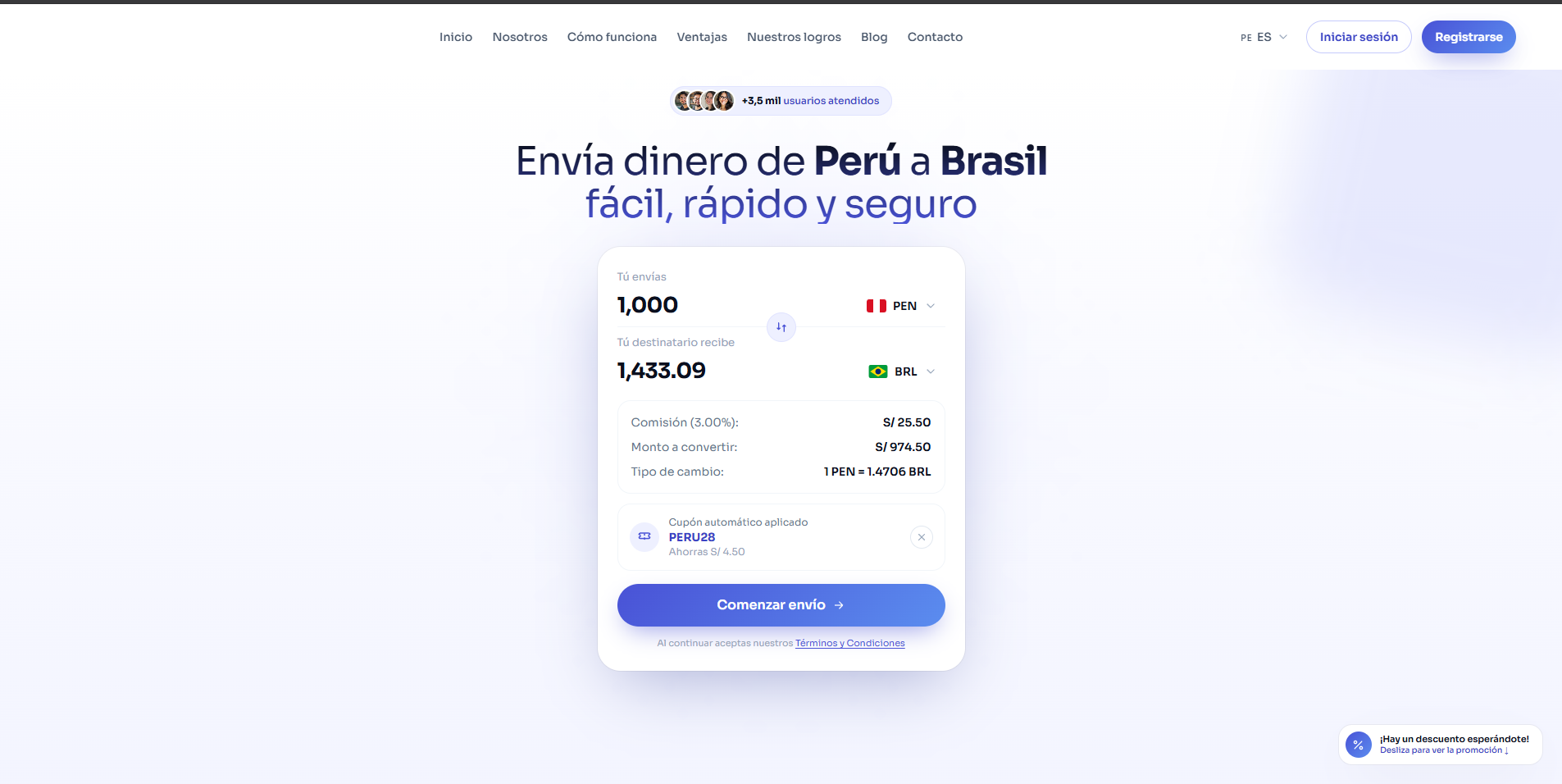 Sitio público de BRASPER con cotizador de envíos de dinero de Perú a Brasil.