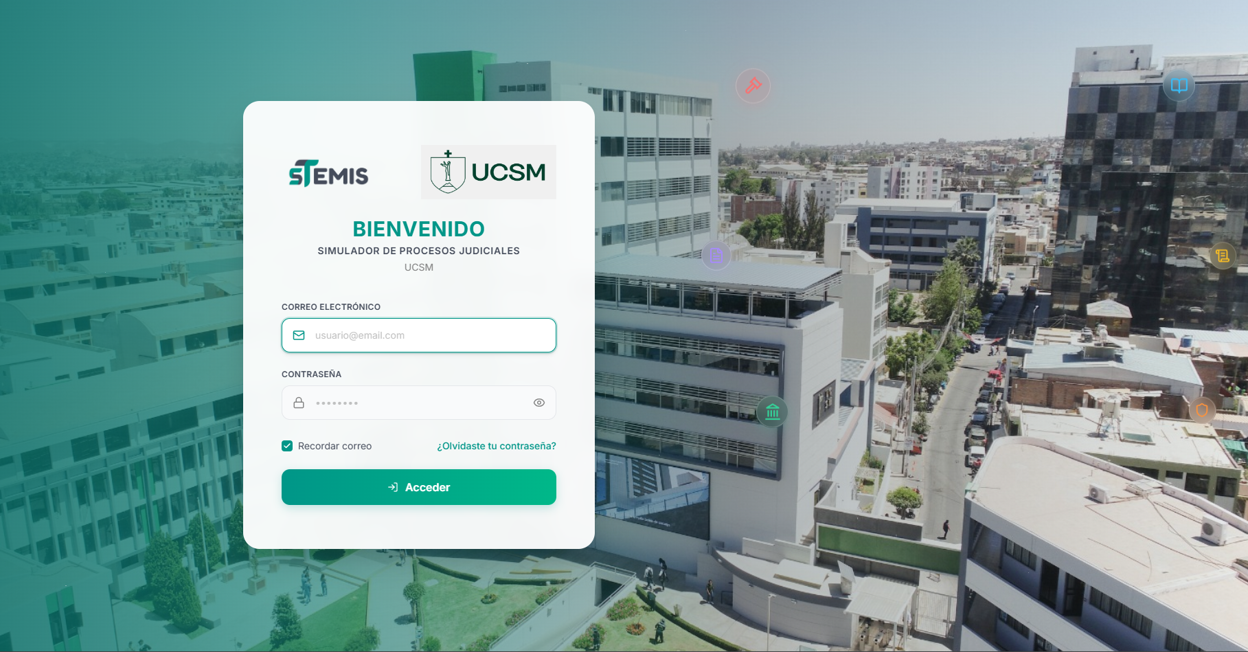 Pantalla de acceso de STEMIS al simulador de procesos judiciales, con logotipos de STEMIS y UCSM.
