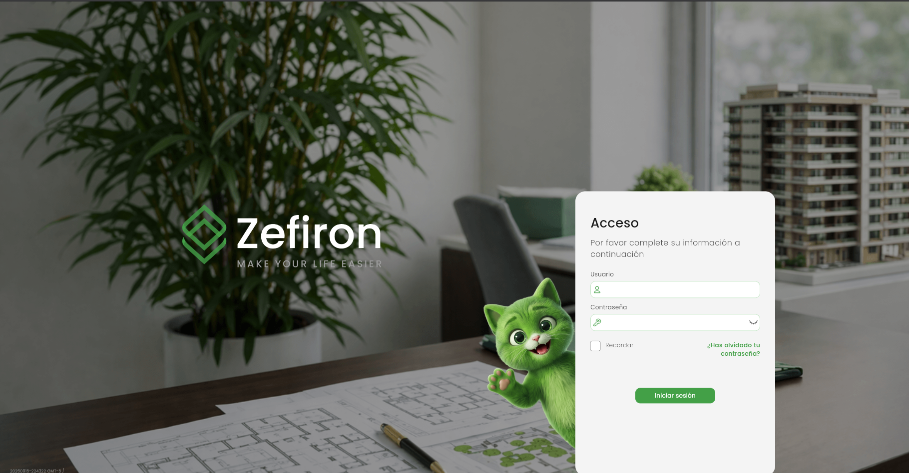 Pantalla de acceso al CRM Zefiron, con formulario vacío de usuario y contraseña.